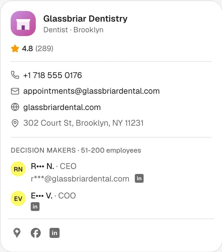 A result card for Glassbriar Dentistry (invented), 51-200 employees, with two decision makers, names masked: the CEO, with a masked work email and LinkedIn, and the COO, with LinkedIn