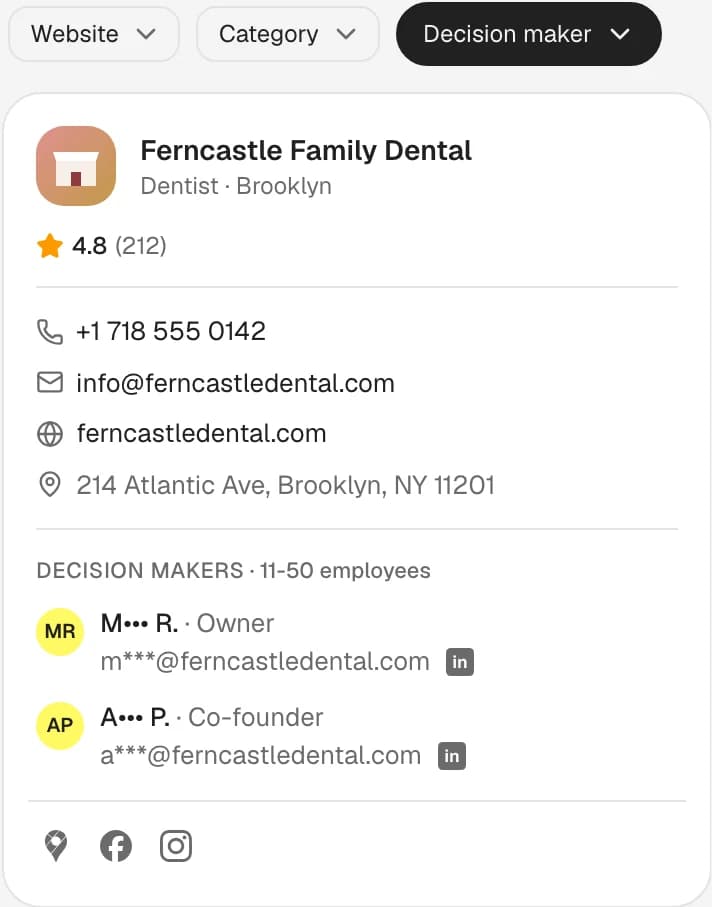 Hubertino's results in Cards view with the Has decision maker filter on (invented Brooklyn dentists): Ferncastle Family Dental with an Owner and a Co-founder, Linnet Park Orthodontics with its Founder and Corvane Dental Studio with its Owner, names masked, each with a masked work email and LinkedIn