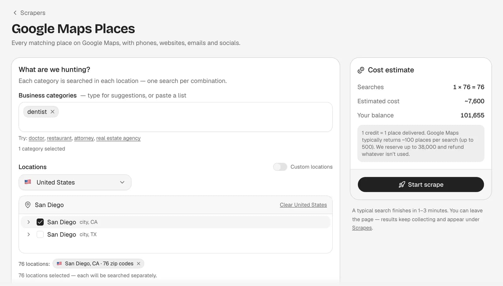 Hubertino's scrape builder with the category "dentist", San Diego, CA split into 76 zip codes, and a live cost estimate